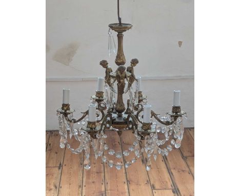 A gilt metal chandelier, decorated with cherubs and crystal glass dropsh. 44cm, dia. 48cmSome loss to the gilt and several mi