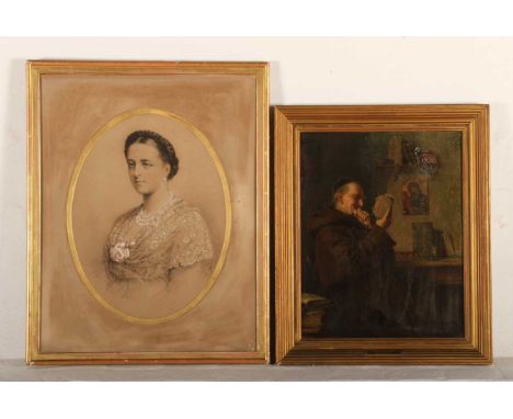 English School, 19th century, head and shoulders portrait of a lady, signed with monogram, pencil heightened in chalk, 40 x 3