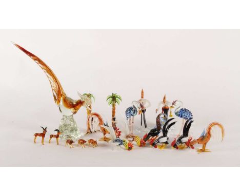 A collection of Italian and German miniature coloured glass models of birds, animals and palm trees