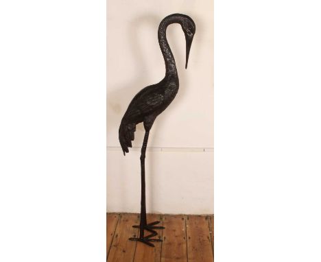 An extremely large modern bronze garden sculpture of a crane bird, shown standing, height 150cm