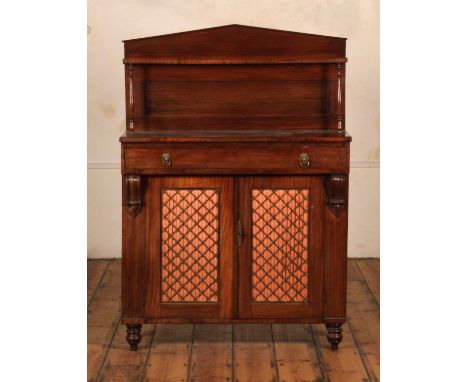 A Regency mahogany chiffonier, having a single frieze drawer over pierced brass trellis inset lower doorsh 128cm, 92cm wide, 