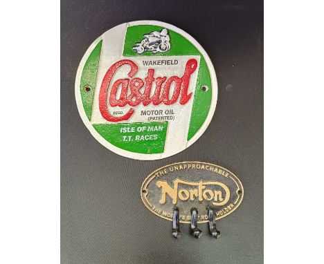 A Castrol cast iron advertising sign, together with a Norton painted cast iron coat hook