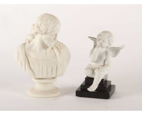 A parian portrait bust of Christ, 22cm high, together with a bisque porcelain figure of a seated cherub, on a black stone pli