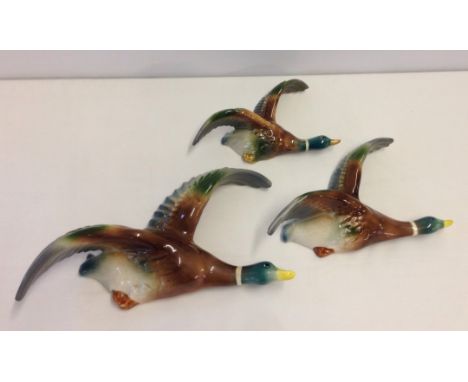 A graduated set of 3 ceramic flying duck wall hanging ornaments.  