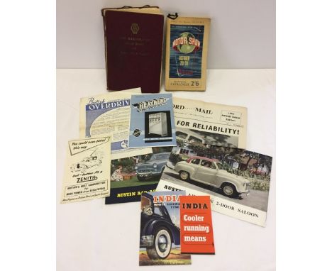 1950s automobile ephemera. To include Austin A40 and Austin A30 Seven advertising brochures, Motor Show catalogue, 1954 Ford 