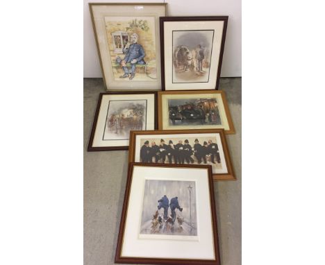 A watercolour of policeman by V.A. Jordan. Dated 1977. 48 x 35cm. Framed & glazed. Together with 5 f & g prints. All police r
