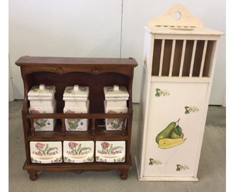 A painted pine bagette box with fruit transfer decoration. together with a wooden kitchen sheld with ceramic storage jars & d
