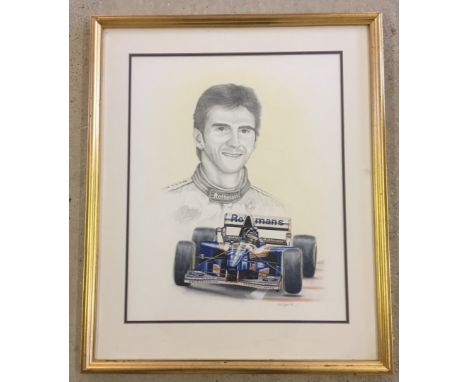 Pencil & watercolour portrait of Damon Hill with Williams F1 racing Car. Signed in pencil K.W. Davies 95. Framed & glazed. 51