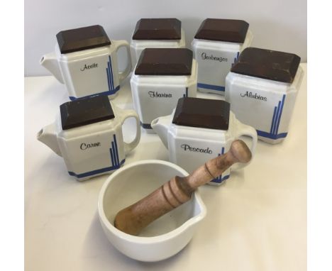 Vintage Spanish kitchen set ceramic with wooden lids. 8 pieces, including flour beans, rice etc. Labels in Spanish. 