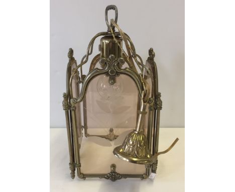 Vintage French brass hall lantern with acid etched glass panels.  Hangs approx 20" from ceiling fitment.