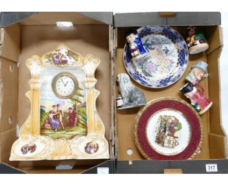A mixed collection of ceramic items to include large continental hand finished mantle clock, decorative wall plates, Royal Do