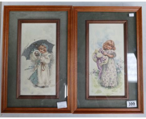 A pair of framed ceramic decorative tiles with images of young girls. (2)