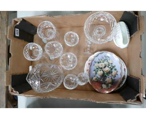 A collection of cut glass items to include comports, brandy and whisky glasses, together with a collection of ceramic plates.