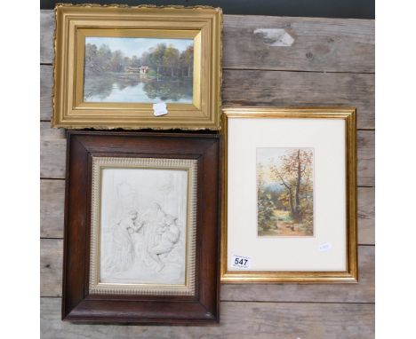 A collection of framed items to include reproduction marble tile with medieval scene, landscape scene and small print titled 