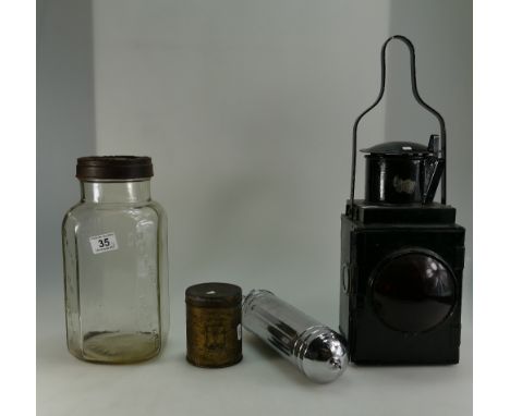 A collection of items to include Vintage metal cased railway lantern, Holland's Toffee jar, pump type fire extinguisher and s