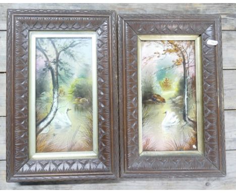 Two ceramic framed tiles with hand painted decoration of landscape scenes. (2)