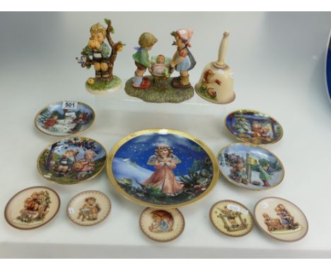 A mixed collection of Goebel Hummel items to include boxed figure, Special Delivery, An Apple a Day, Boxed. Small commemorati