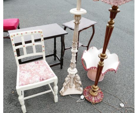 Reproduction French style white painted standard lamp with a similar dining chair painted white, alongside another French sty