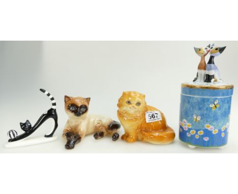 A collection of cat related items to include two Goebel cat figures, Goebel rosina wachtmeister lidded pot and cmielow figure