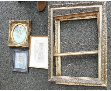 A collection of gilded larger frames together with prints with fairy decoration and similar ceramic tile. (6)