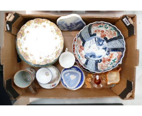 A mixed collection of items to include a large Japanese ceramic bowl, (damaged) and plaque, blue and white Staffordshire type