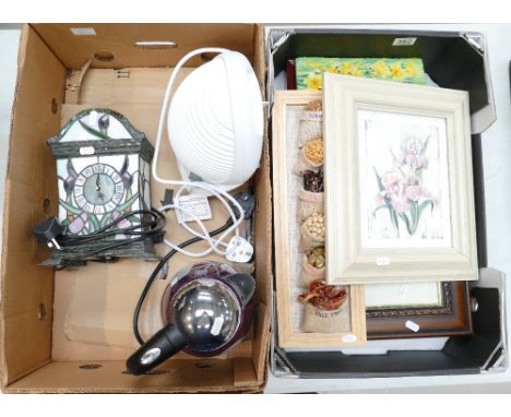 A mixed collection of items to include decorative prints, leaded glass effects, mantle clock, electrical items, etc. (2 Trays