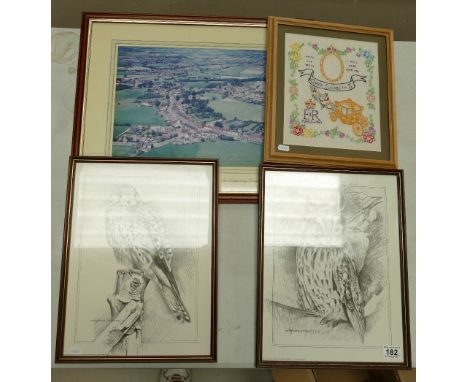 A mixed collection of mixed media framed art work to include prints, embroidery pieces and large aerial view of Staffordshire
