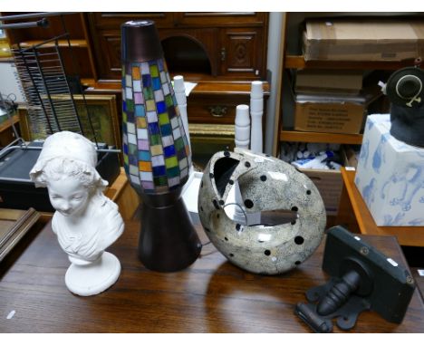 A small collection of ornaments to include a resin bust of lady, wooden wall shelf, decorative lamp and modern vase. (4)