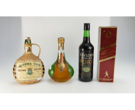 A mixed collection of items to include Taylors Special Ruby Port, Crown Sercial Maderia wine, Licor Mallor Quin and boxed Joh