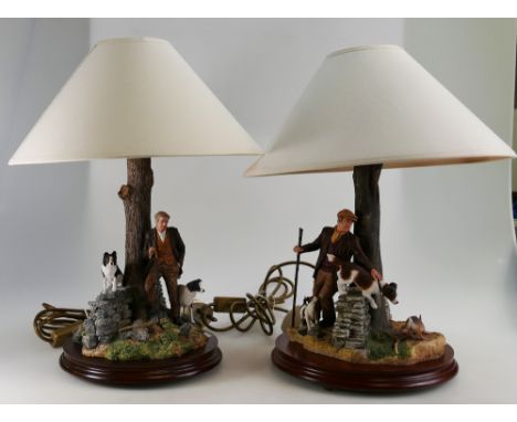 Border Fine Arts lamp base, Shepherd with Collies 'A Moment to Reflect' with original cream shade, model No. BO516 by Ray Ayr