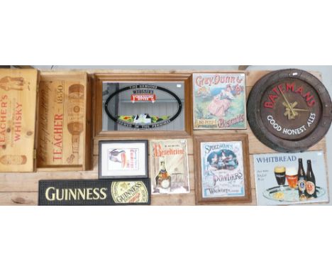 A mixed collection of pub related items to include Teachers Whisky presentation box, similar advertising mats, Webster's adve