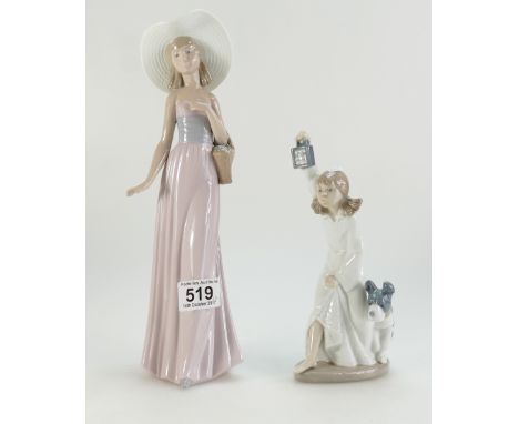 A large Nao figure of girl with basket and similar figure of young girl with dog and lantern. (2)