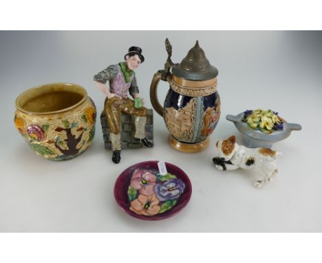 A collection of items to include Moorcroft pin tray, Royal Doulton dog, Woods vase, Doulton trinket dish and Crown Staffordsh