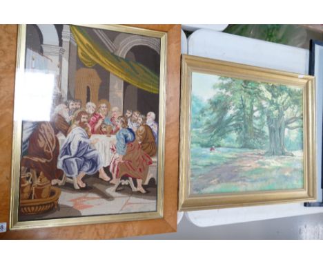 A large oil on canvas landscape scene together with 20th Century tapestry of The Last Supper. (2)