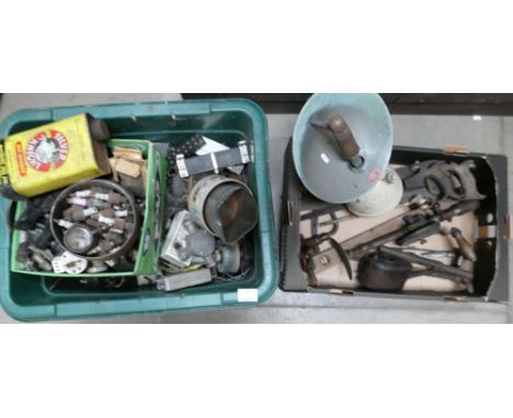 A mixed collection of mechanical items and tools to include saws, oil lamps, vehicle electrical's, valves, pipe work and a bo