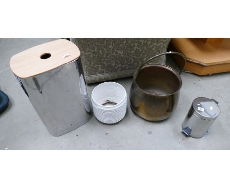 An assortment of items to include large brass cauldron, small modern chrome bin, similar waste basket and ceramic planter. (4