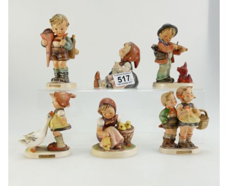 A collection of Goebel Hummel figures to include Girl knitting, Goose Girl, Picnic Day, Boy with Rugsack, Young girl with Chi