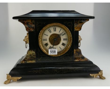 Wooden cased Edwardian mantle clock with slated decoration.