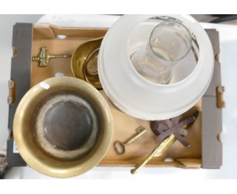 A mixed collection of metalware items to include cast iron scales and weights together with large brass planter, decorative p