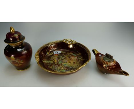 A collection of Carlton Ware items to include a large dish decorated with pergoda's 25cm, a jar and cover decorated with perg