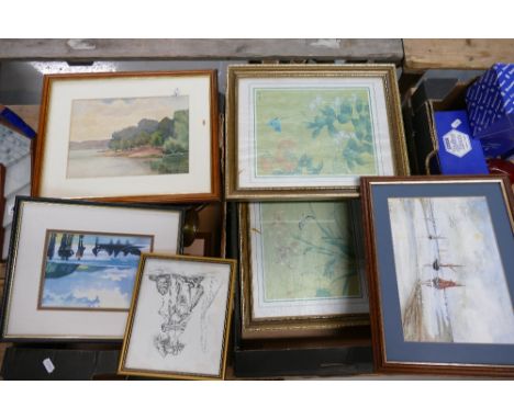 A collection of mixed media art work to include Oriental style images, water colours, etc. 