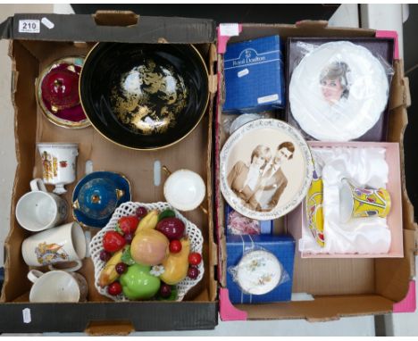 A mixed collection of ceramic items to include large Spode black and gilt decorated fruit bowl, Limoges trinket boxes, commem