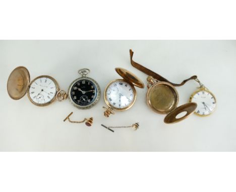 A group of pocket watches to include 2 Gents gold plated full hunter pocket watches, 1 half hunter empty case, 1 Elgin open f