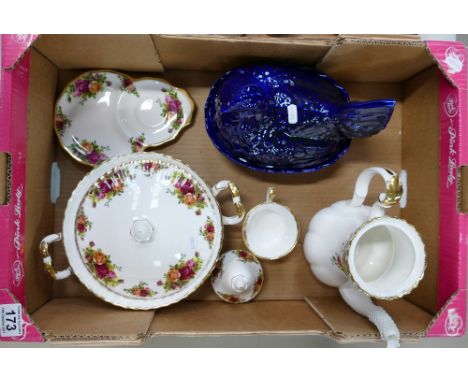 A mixed collection of ceramic items to include Old Country Rose tea pot, tureen together with blue glazed Portmeirion egg hol