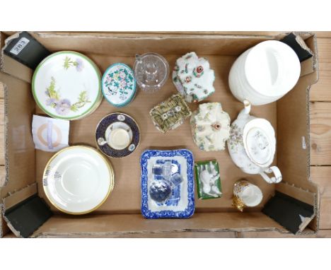 A mixed collection of ceramic items to include Coalport style cottages, enamelled boxes, Royal Doulton Clamis Thistle side pl