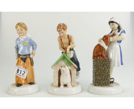 Royal Doulton Childhood Days Figures to include As Good As New HN2971, Stick Em Up HN2981 and It Won't Hurt HN2963. (3) 