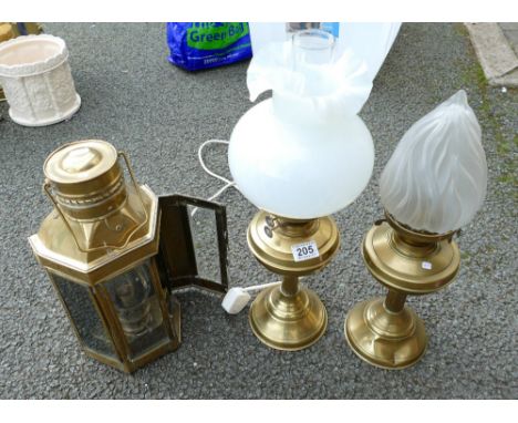 Two Brass oil lamps together with electric ship type lantern (3)