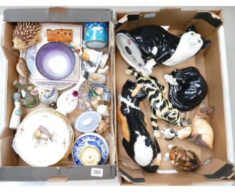 A mixed collection of items to include Staffordshire Just Cats, large pottery figures, ceramic novelty items Jasper ware trin