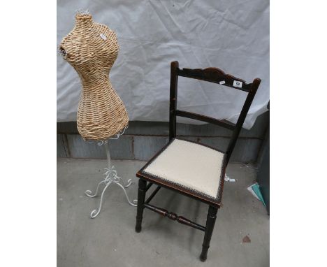 A Edwardian bedroom chair with turned legs and cream upholstered seat with a wicker mannequin. (2)