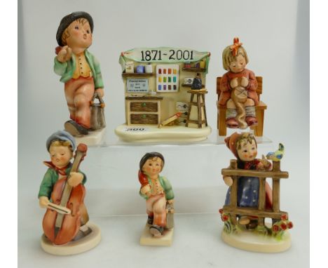 A collection of Goebel Hummel figures to include Sweet Music, Merry Wanderer, Signs of Spring, Generations of Excellence stan